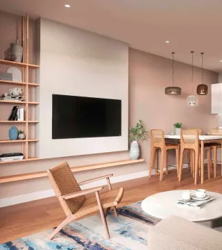 Moderni dnevni boravak otvorenog tipa sa elegantnim drvenim namještajem i TV-om na zidu. - image 14