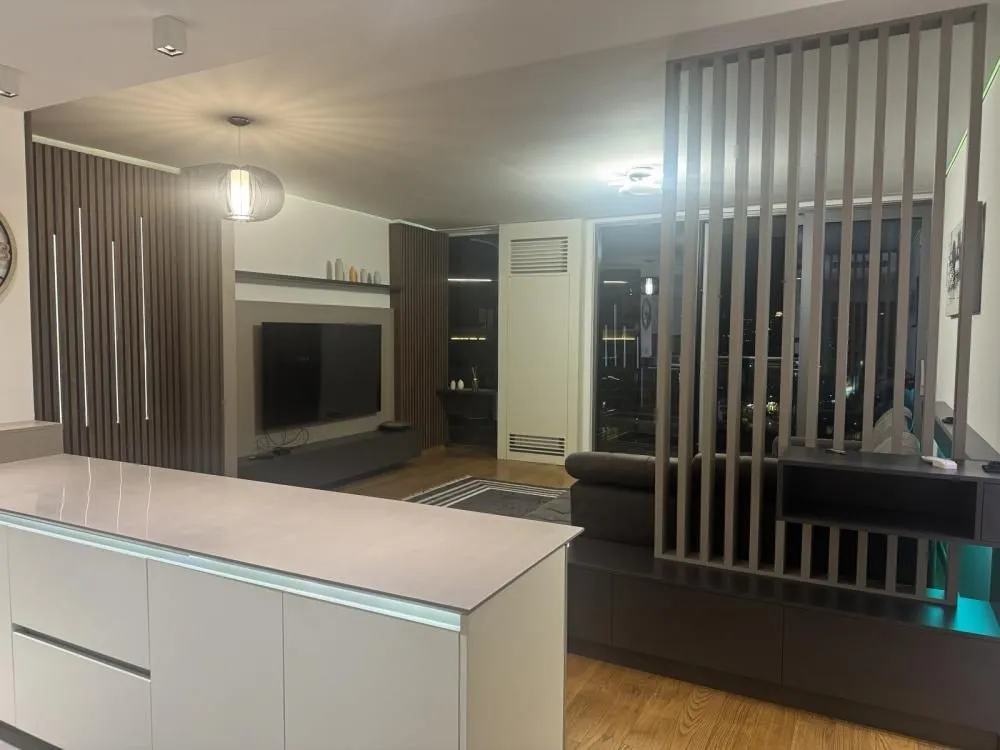 Living room with modern furniture and a partition screen.