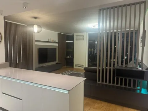Living room with modern furniture and a partition screen. - image 13