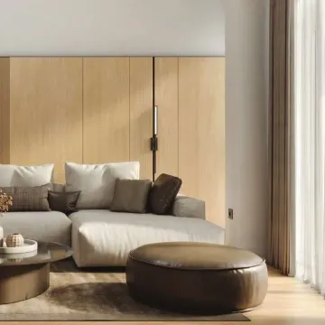 Dnevna soba sa udobnom ugaonom garniturom i drvenim zidnim oblogama. - image 7