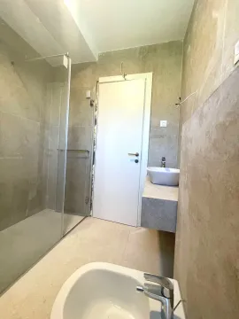 Bathroom with a walk-in shower, washbasin, and installed sanitary fixtures. - image 12