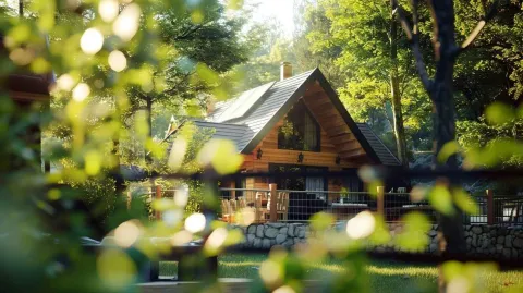 Pogled na drvenu vikendicu okruženu zelenilom kroz granje. - image 37