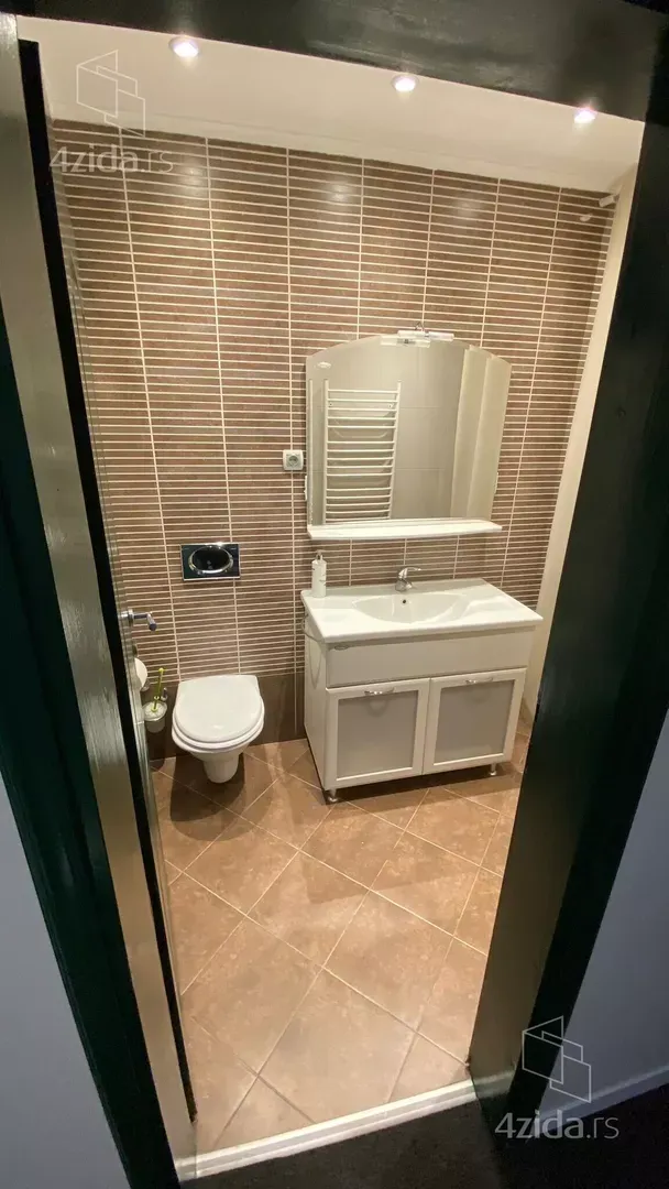 View of the bathroom with a washbasin, mirror, and toilet.