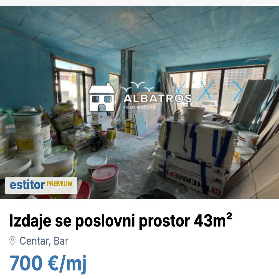 Izdavanje, poslovni prostor, 43m², Centar, Bar