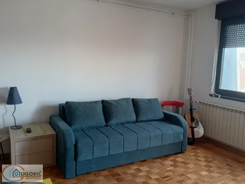 Dnevna soba sa plavim trosedom, stočićem i gitarom. - image 6