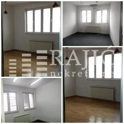 Collage of photos showing empty interior rooms.