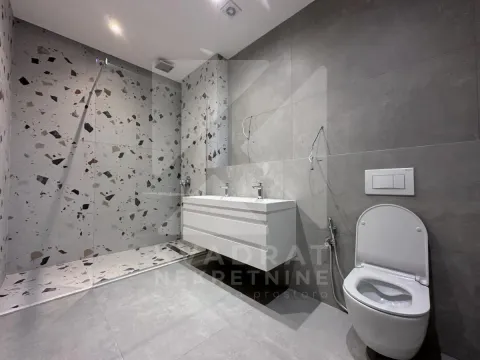 Modern bathroom equipped with a walk-in shower, white washbasin, and toilet. - image 12