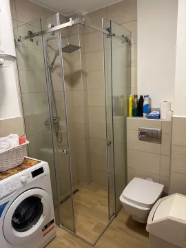 Prikaz kupatila sa tuš kabinom, WC šoljom i veš mašinom. - image 5