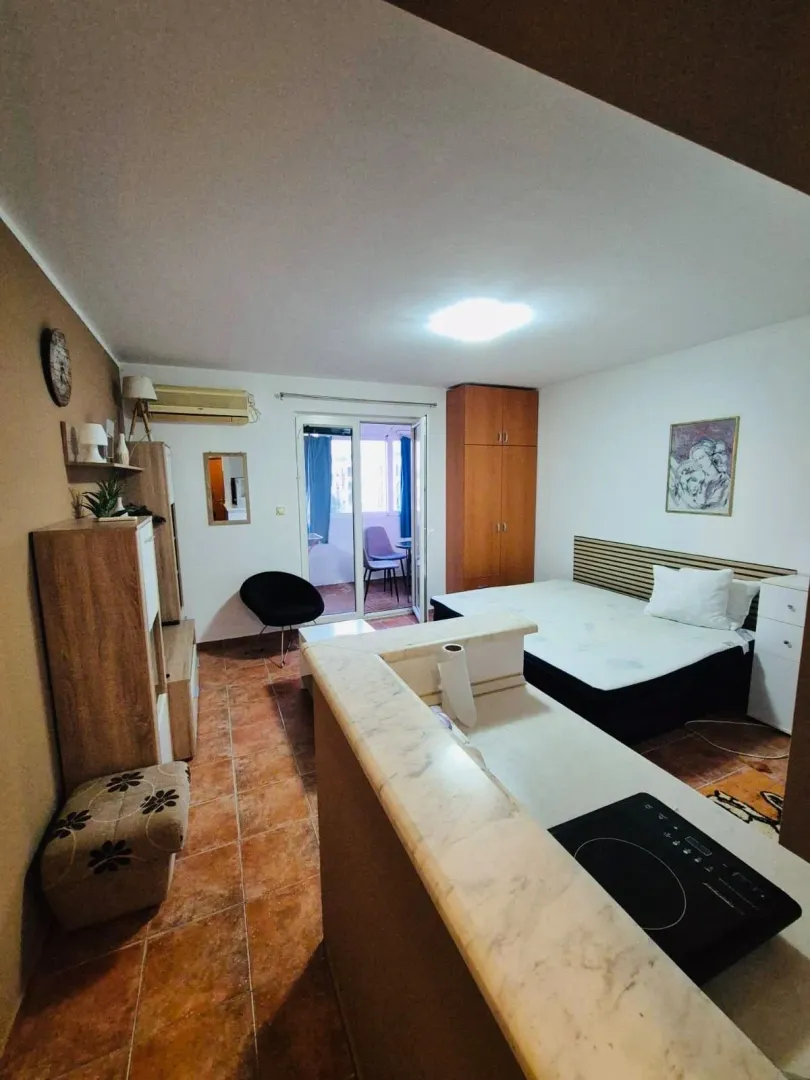 Main room with a bed, kitchen counter, and access to the terrace.