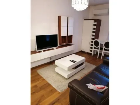 Svijetla dnevna soba sa kožnom garniturom, klub stolom i televizorom. - image 3