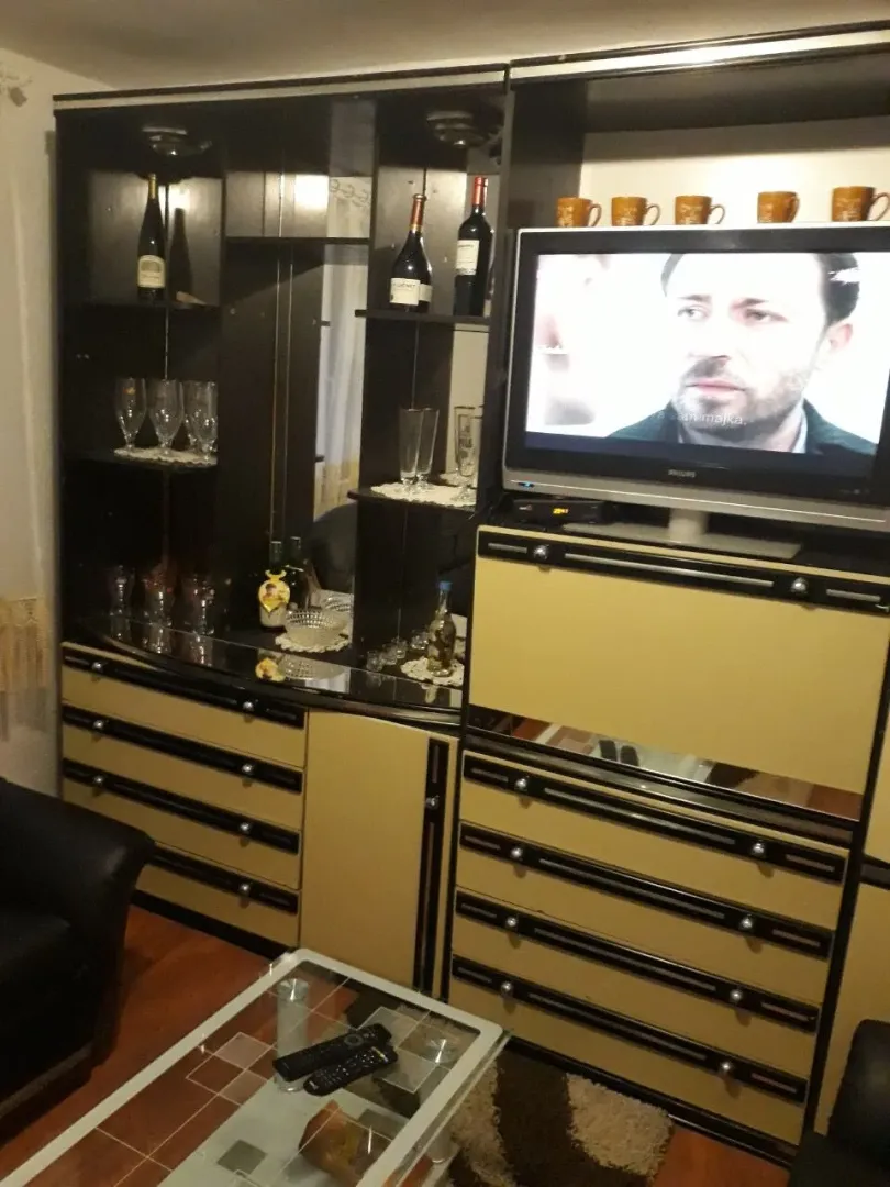 Dnevna soba sa velikim regalom, televizorom i staklenim klub stolom.