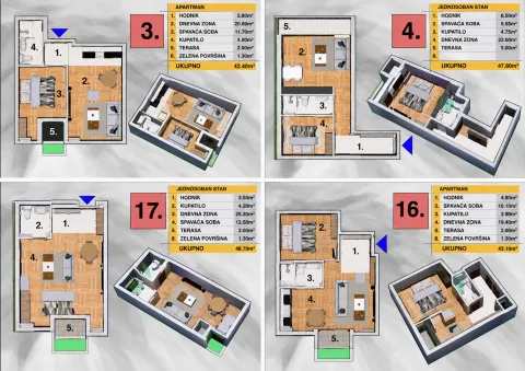 Osmačnici sa detaljnim rasporedom i kvadraturom za četiri različita apartmana. - image 4