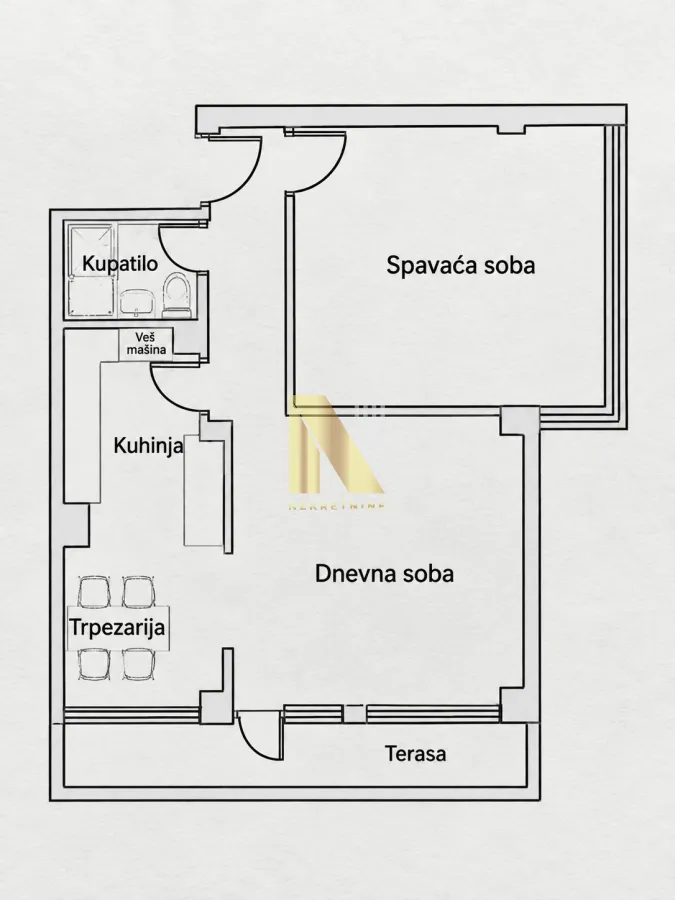 Dvodimenzionalni crtež osnove stana sa rasporedom prostorija.