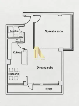 Dvodimenzionalni crtež osnove stana sa rasporedom prostorija. - image 3