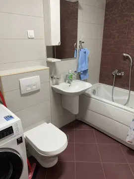 Bright bathroom with a bathtub, sink, toilet, and washing machine. - image 5