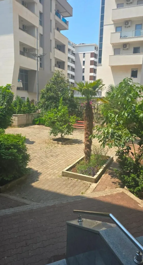 Inner courtyard of the building with greenery and palm trees.