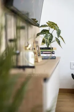 Krupni kadar komode sa knjigama, dekoracijom i TV-om na zidu. - image 12