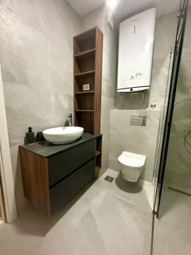 Modernly equipped bathroom with a washbasin, toilet, and walk-in shower. - image 8