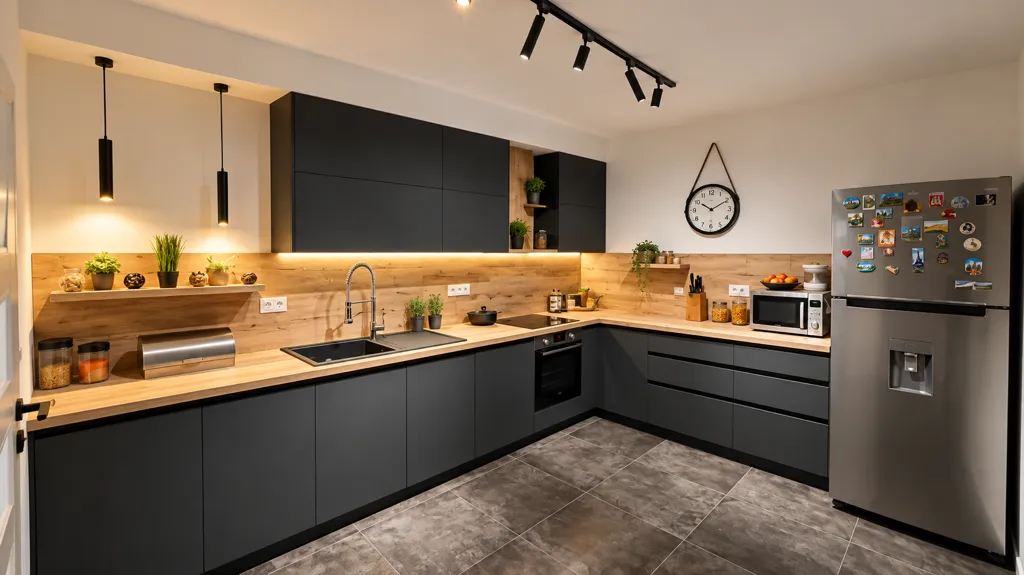 Modern kitchen with dark cabinetry, wooden countertop, and built-in appliances.