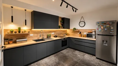 Modern kitchen with dark cabinetry, wooden countertop, and built-in appliances. - image 5