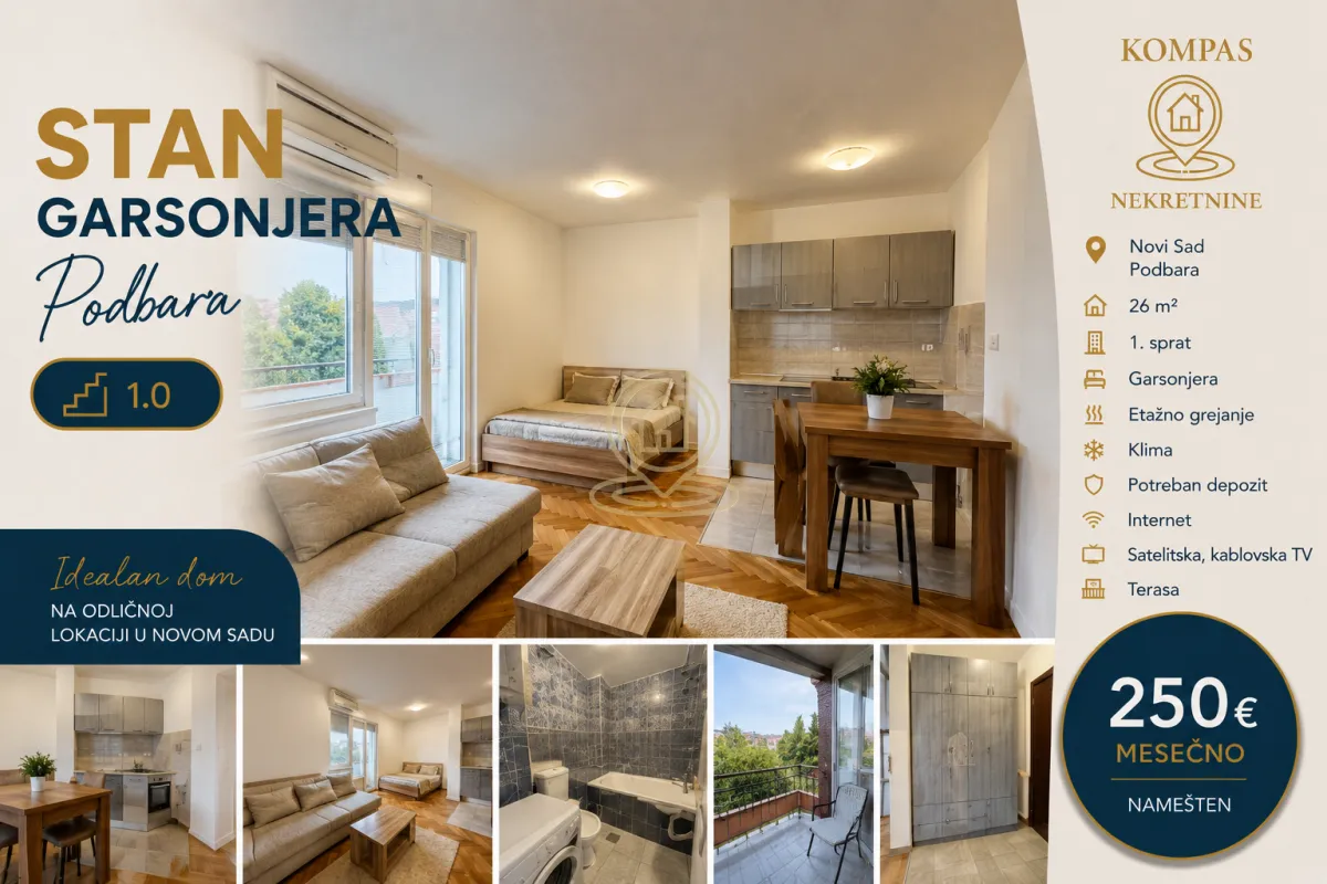 Izdavanje, garsonjera, 26m², Podbara, Novi Sad Sve Podlokacije