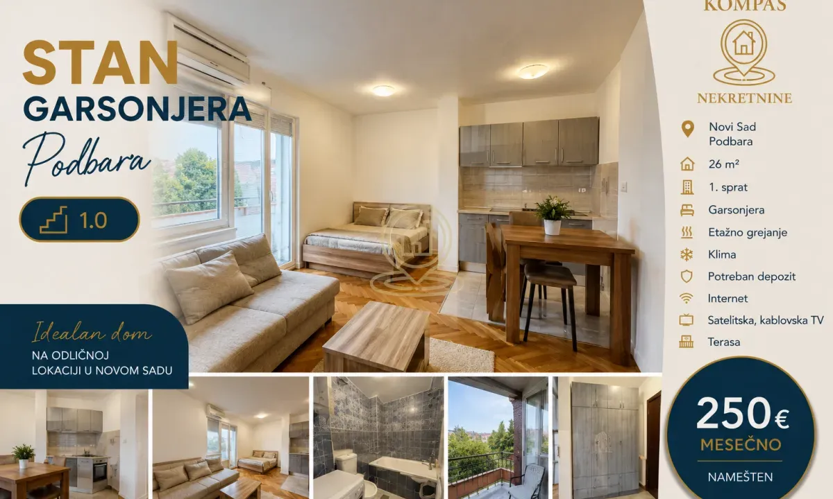 Rent, studio apartment, 26m², Podbara, Novi Sad Sve Podlokacije