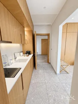 Manja moderna kuhinja sa drvenim elementima u hodniku apartmana. - image 5