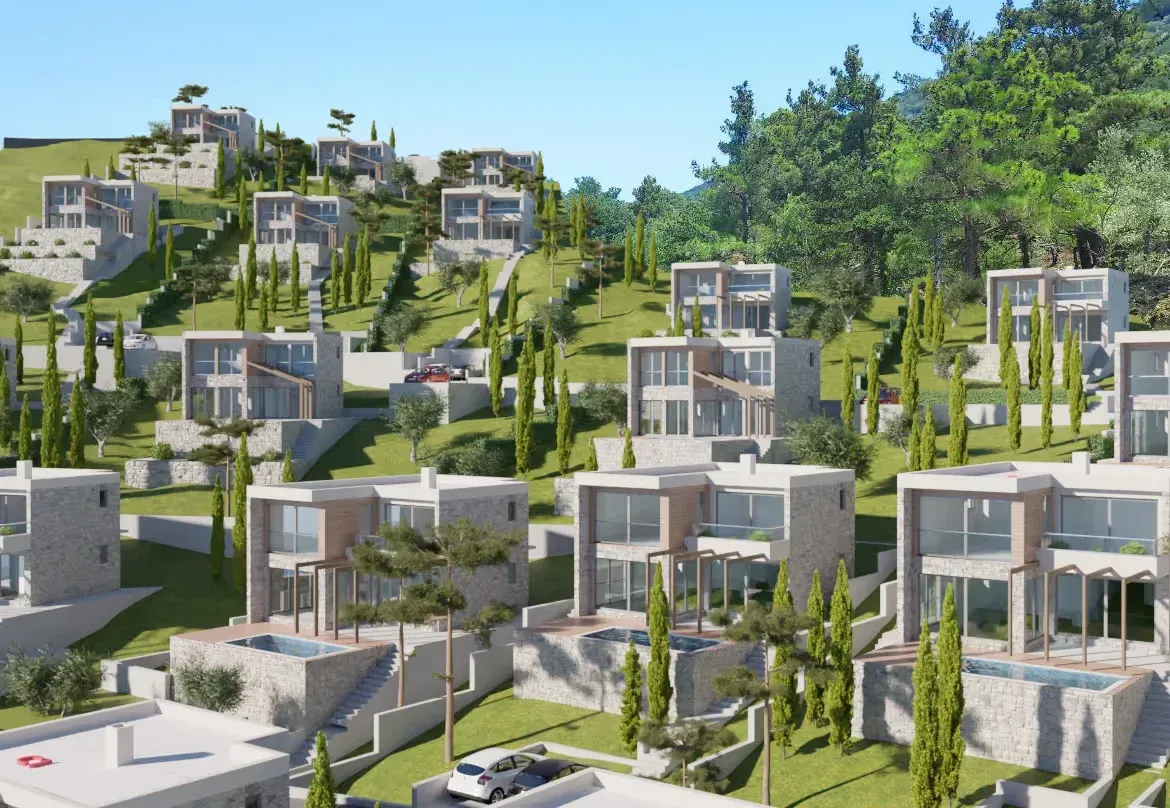 Prikaz kompleksa modernih vila na uređenom terenu sa bazenima i zelenilom.