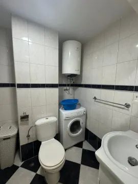 Bathroom equipped with a toilet, sink, washing machine, and water heater. - image 7