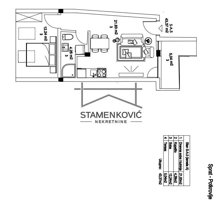Sale, two bedroom apartment, 43m², Salajka, Novi Sad Sve Podlokacije