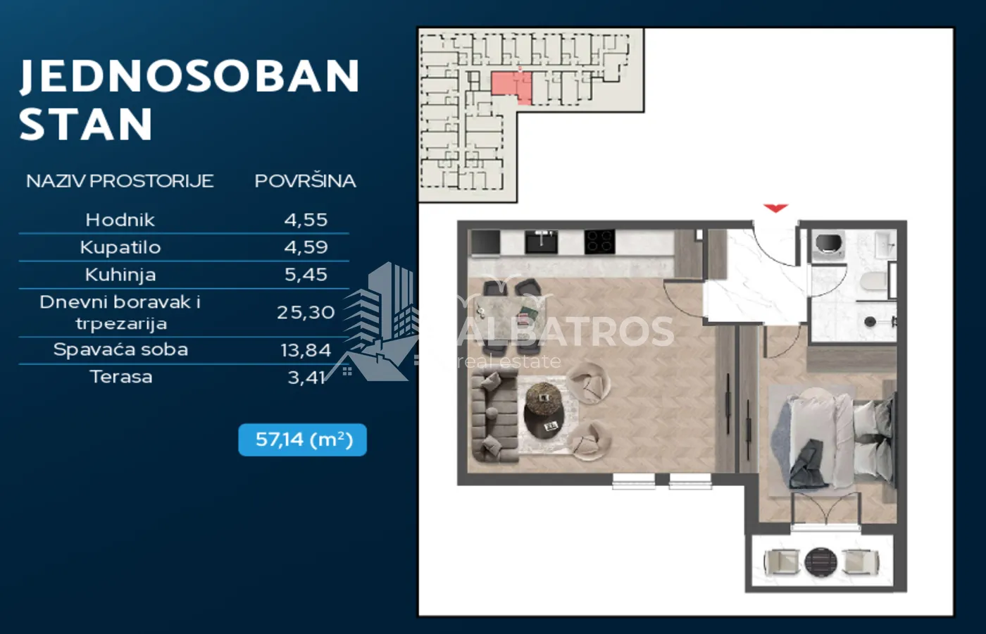 Osnova jednosobnog stana sa prikazom rasporeda prostorija i površina.
