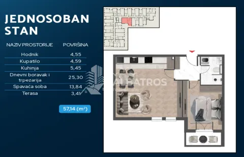 Osnova jednosobnog stana sa prikazom rasporeda prostorija i površina. - image 14
