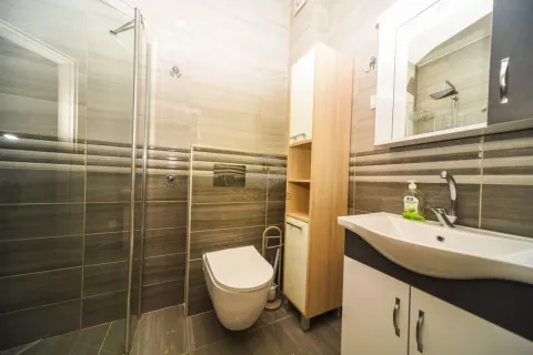Modern bathroom with a walk-in shower, washbasin, and toilet. - image 3
