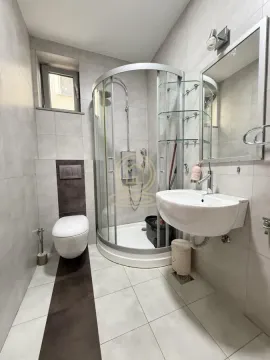 Bathroom equipped with a shower cabin, washbasin, toilet, and mirror. - image 9