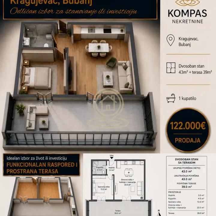 Sale, two bedroom apartment, 43m², Bubanj, Kragujevac