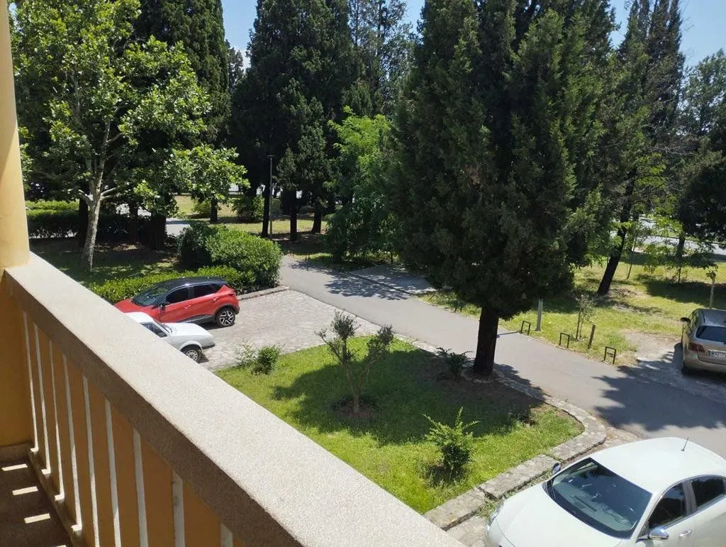 View from the balcony overlooking the green area and parked cars in front of the building.