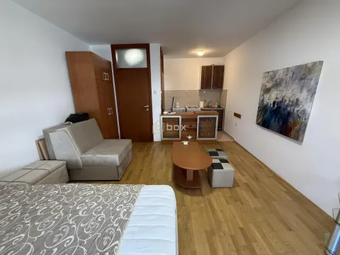 Living room with a sofa, bed, and a small kitchen in the background. - image 4