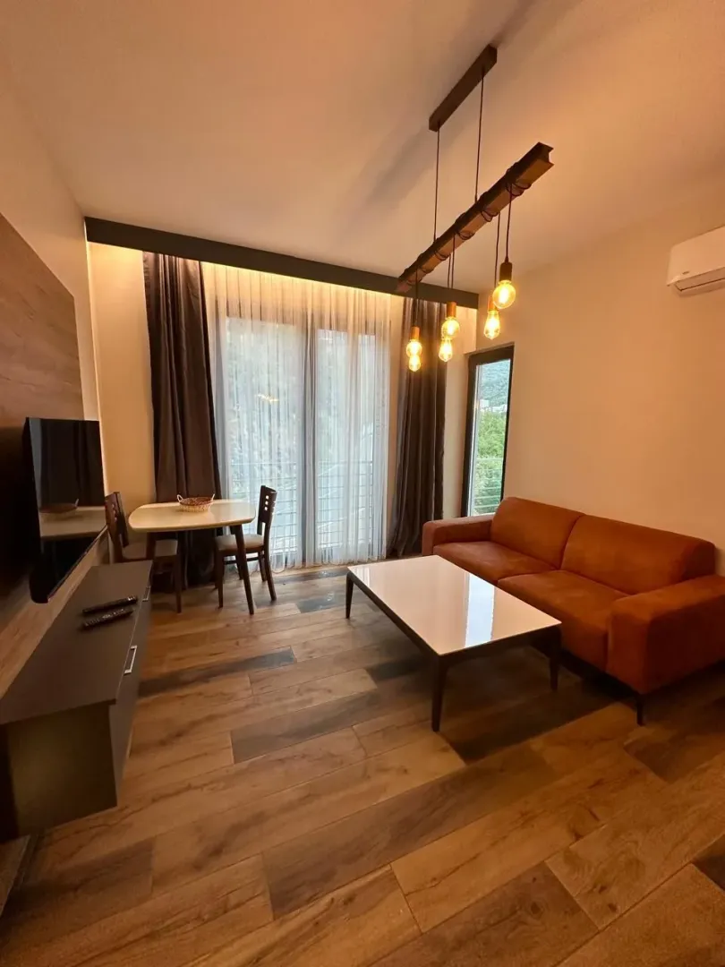 Furnished living room with sofa and dining area.