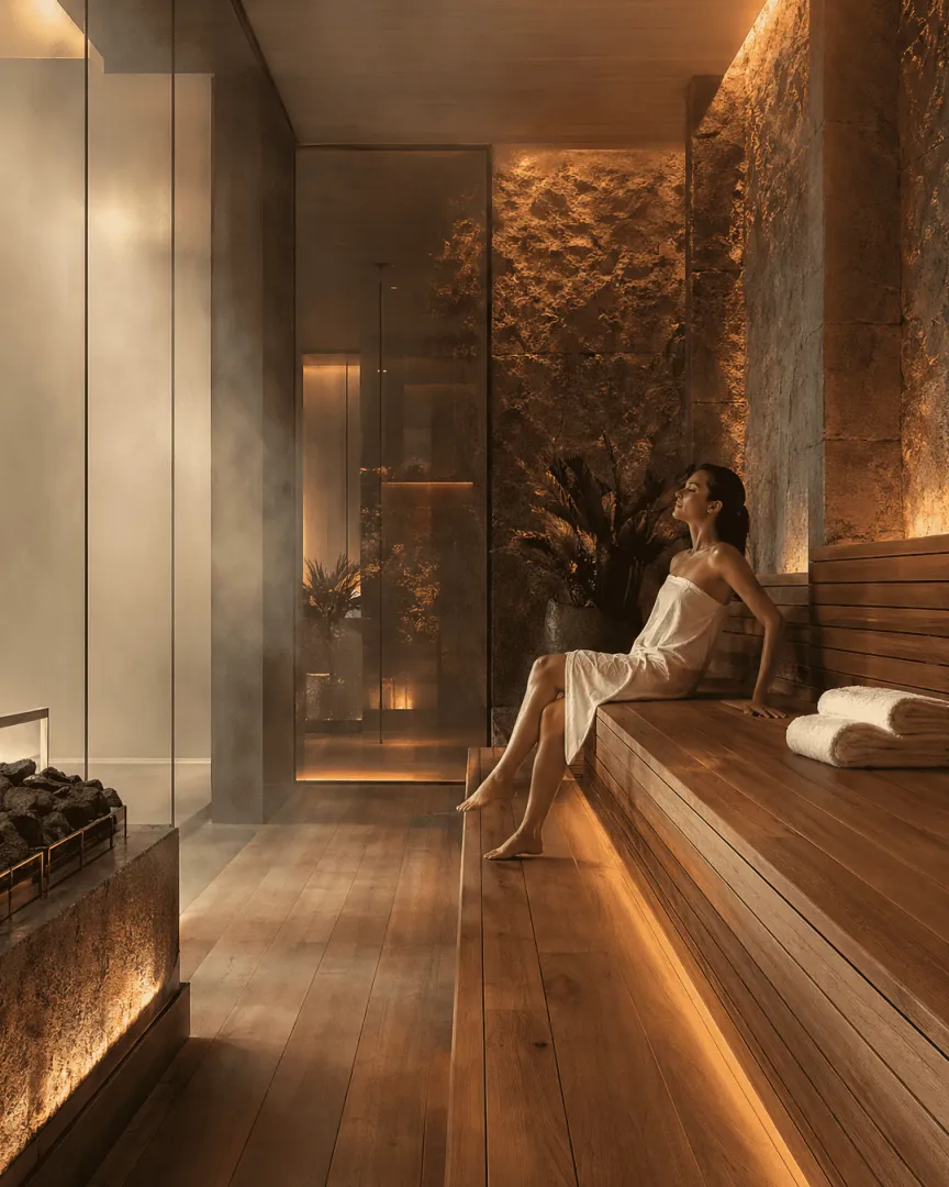 Moderna sauna sa drvenim klupama i ambijentalnim osvjetljenjem.