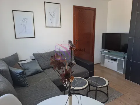 Dnevna soba sa ugaonom garniturom, televizorom i dekorativnim slikama na zidu. - image 5
