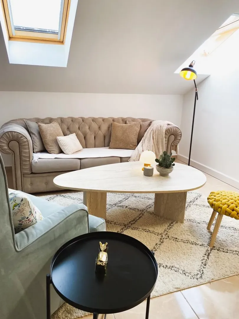 Attic living room with a comfortable sofa, armchair, and skylights.