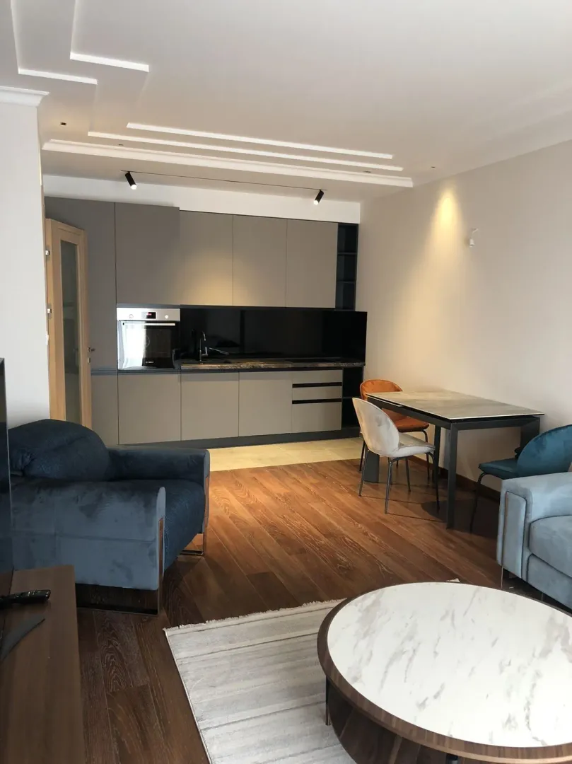 Modernly designed living room with a kitchen and dining area.