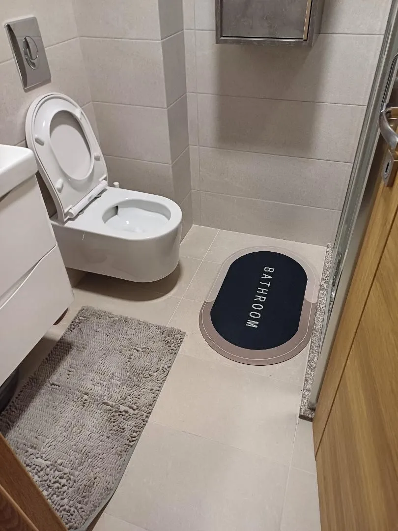 Modern bathroom with a toilet, washbasin, and shower cabin.