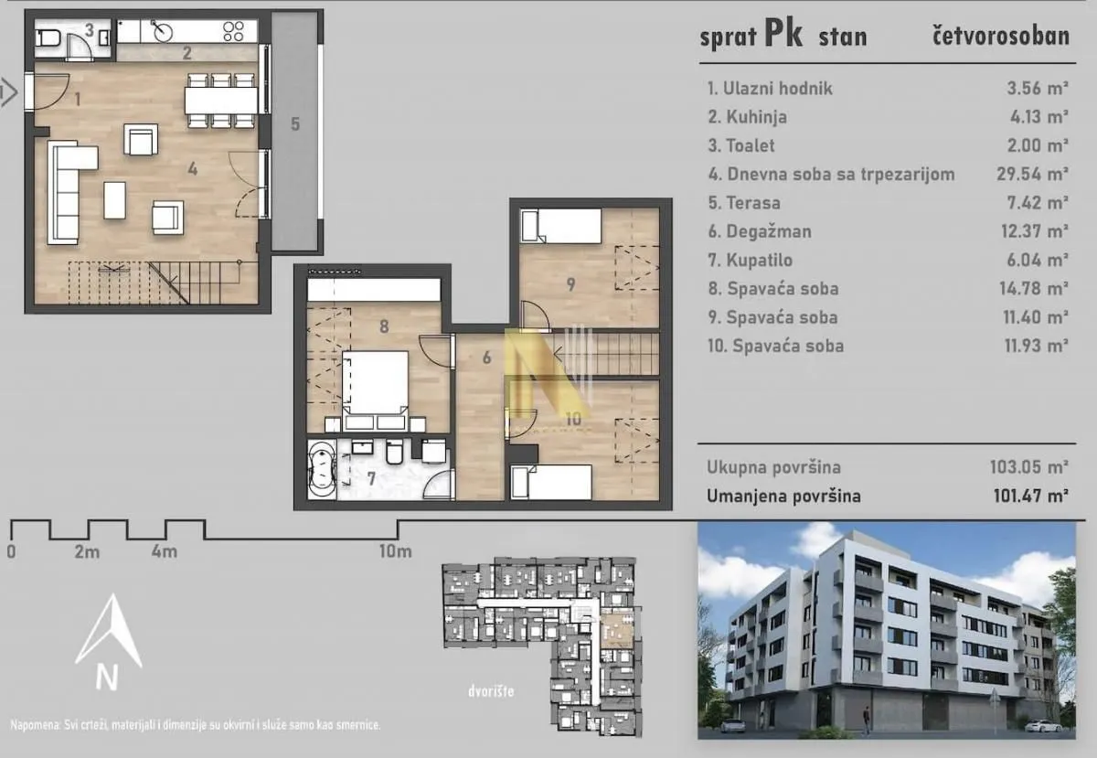 Osnova stana sa rasporedom prostorija i kvadraturom.
