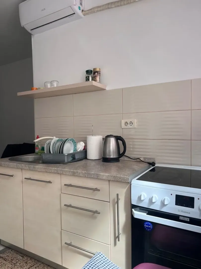 Manja kuhinja sa sudoperom, šporetom i radnim elementima.