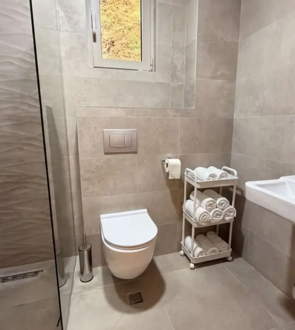 Modernly equipped bathroom with a walk-in shower and toilet in beige tones.
