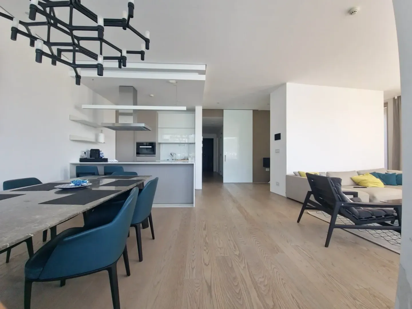 Spacious open-plan living area with dining room and kitchen.