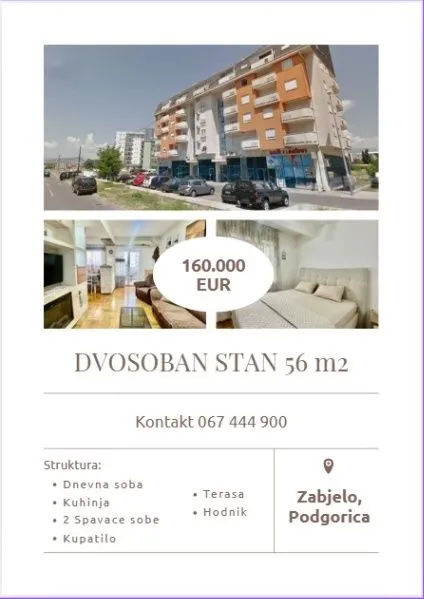 Prodaja, dvosoban stan, 56m², Zabjelo, Podgorica