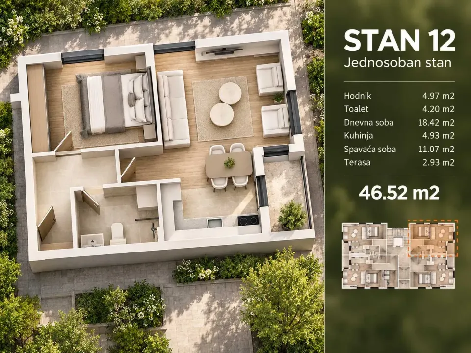 Prodaja, jednosoban stan, 47m², Konik, Podgorica