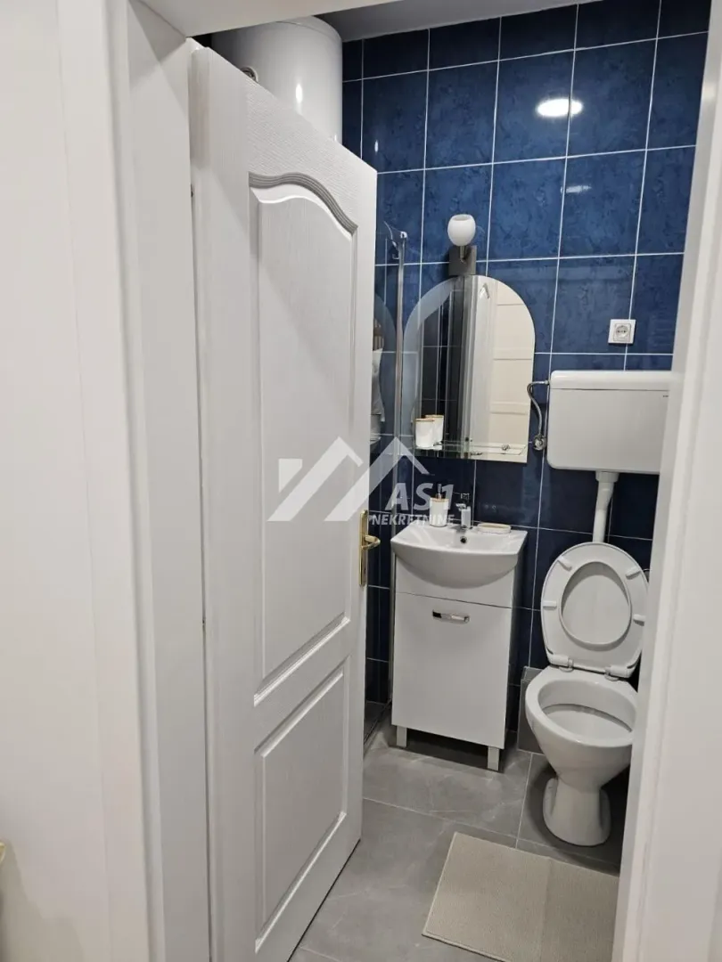 Manje kupatilo sa plavim zidnim pločicama, umivaonikom i WC šoljom.